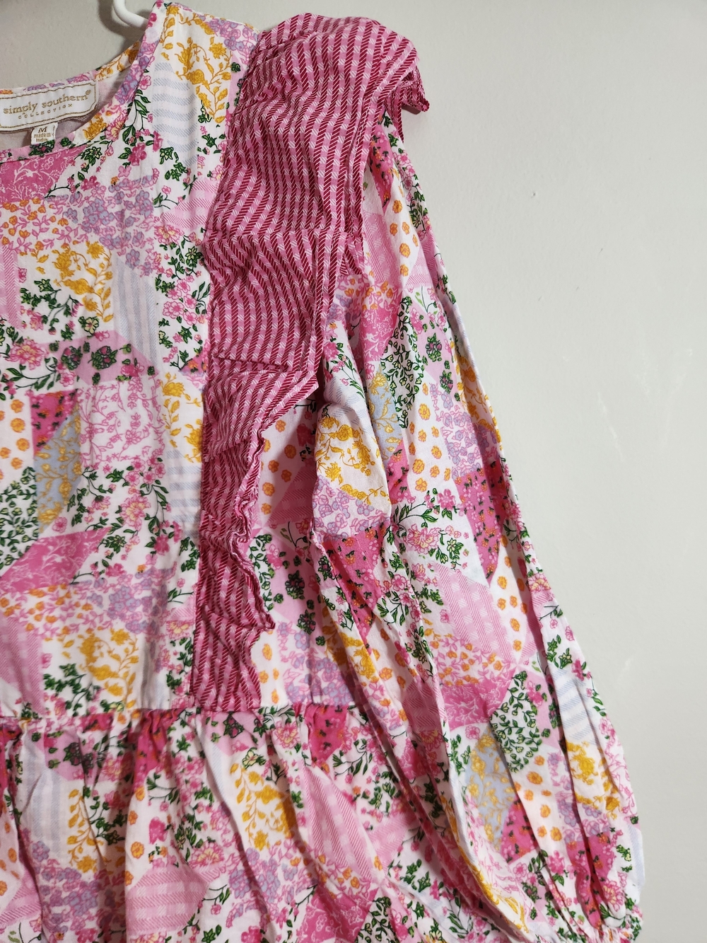 Simply Southern Patchwork Maxi Dress Cottagecore Long Sleeve Pink  Tiered Ruffle - Picture 3 of 8